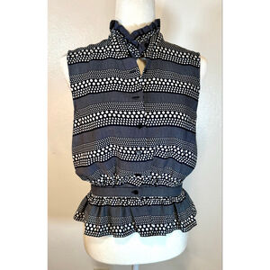 Alice Ritter Navy & White Polka Dot Sleeveless Blouse, button, peplum, ruffle